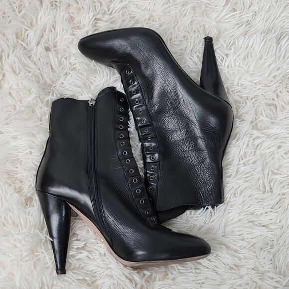 Prada heeled lace up booties leather Sz 37 black A30 - Picture 1 of 7